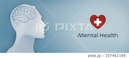Head silhouette profile with brain. Mental Health concept. Campaign World mental health day. Mental health professional. Awareness.Emotional burnout. OurMindsMatter. Banner copy space 107462166