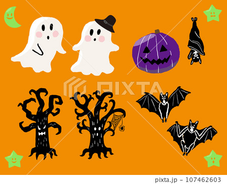 ハロウィーンのおばけとかぼちゃと木とコウモリと月と星の12点セットの