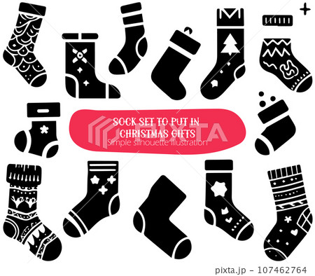 クリスマスのプレゼント入れの靴下セット、シンプルなシルエットデザインイラスト 107462764
