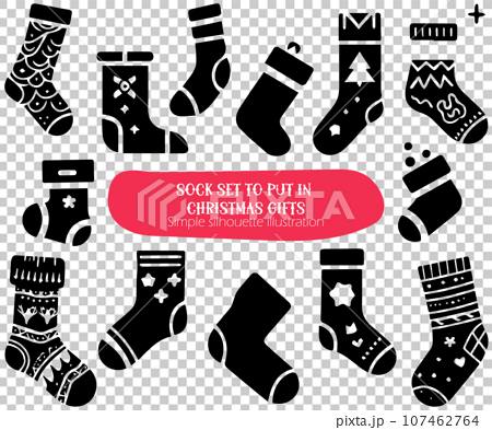 クリスマスのプレゼント入れの靴下セット、シンプルなシルエットデザインイラスト 107462764