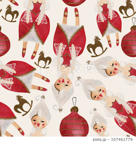 Watercolor seamless patern with dolls and rocking horses. Christmas wrapping paper. Children's toy. A Christmas gift. Raster illustration for packaging, greeting cards, gifts 107462779