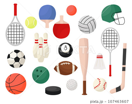 A set of flat cartoon style sports equipment. Sport gear collection. Baseball, basketball, tennis, billiards, ping-pong, rugby, football, badminton icons. 107463607