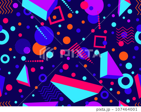 Memphis seamless pattern with 3d geometric shapes in 80s style. Colorful geometric pattern. Design of promotional products, wrapping paper and printing. Vector illustration 107464001