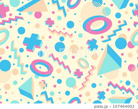 3D geometric seamless pattern in 80s style. 3d isometric triangles, zigzags and circles. Geometric memphis style. Design for promotional products, wrapping paper and printing. Vector illustration 107464002