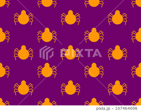 Spiders seamless pattern. Halloween background with orange spiders on a purple background. Happy Halloween October 31st. Festive design for wallpapers, posters and banners. Vector illustration 107464006
