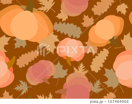 Pumpkins and leaves seamless pattern. Autumn background with pumpkins, oak and maple leaves. Design for banners, wrapping paper and promotional items. Vector illustration. Vector illustration 107464008