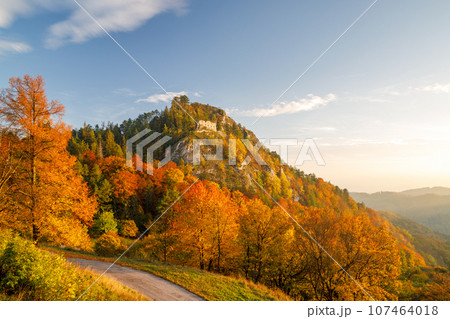 View of autumn landscape with ruin of the medieval Vrsatec castle. View of autumn landscape with ruin of the medieval Vrsatec castle. 107464018