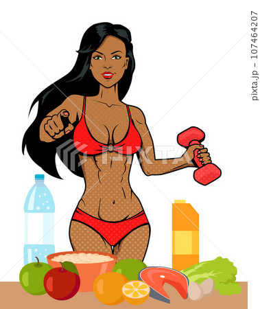 Beautiful young fitness woman dressed in swimsuit with dumbbells. Healthy lifestyle, motivation, sports promotion design in pop art style. Athlete, strong girl posing for motivational banner 107464207