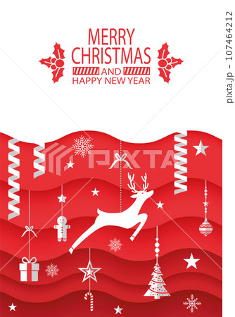Merry Christmas banner with origami reindeer, snow flake and xmas fir tree decoration. Paper art and digital craft style on red and white background. Holidays banner, festive layered illustration Merry Christmas banner with origami reindeer, snow flake and xmas fir tree decoration. Paper art and digital craft style on red and white background. Holidays banner, festive layered illustration 107464212