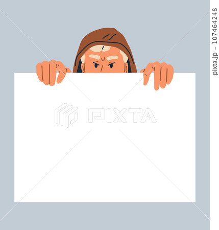 Hooded male character peeping from behind wall. Funny curious man searching something isolated on gray. Curious guy watching or seeking. Surprised person spying, observing, monitoring and studying 107464248