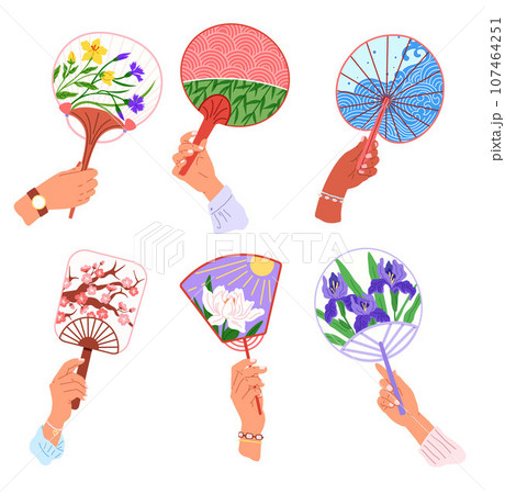 Chenese and Japanese hand fan. Vector illustration. A hand fan silent stories in afternoon air A Japanese funfolds like poetic universe A beauty geishfan, ballet of elegance in motion A Chinese 107464251