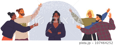 Protection of personal space from extraneous. Female restrictions, young woman stands under glass jar. Character is in confined space, loneliness, solitude. Concept of freedom, mental rehabilitation 107464252