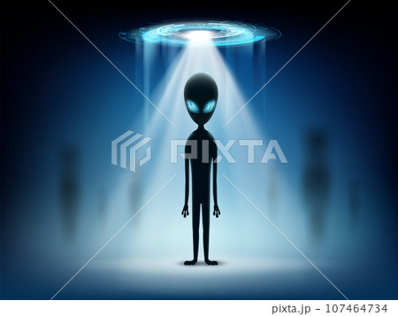 Alien stand on background of glowing light UFO 107464734