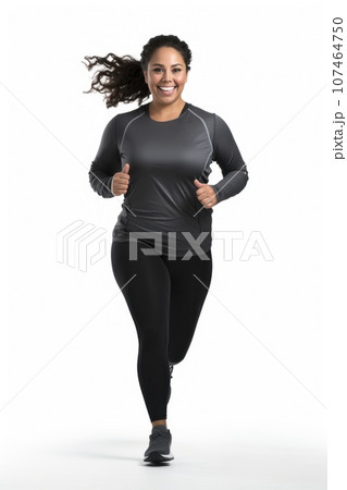 plus-size woman running in white background. Generative AI 107464750