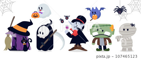 かわいいハロウィンのモンスターたちのイラスト 左向き かわいいハロウィンのモンスターたちのイラスト 左向き 107465123