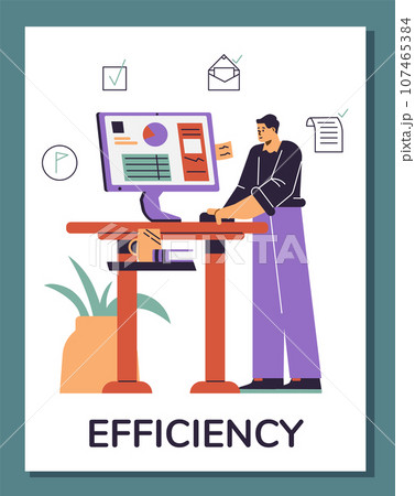 Employee manager or businessman looking at computer, writing notes, doing tasks, analyzes chart vector Efficiency poster Employee manager or businessman looking at computer, writing notes, doing tasks, analyzes chart vector Efficiency poster 107465384