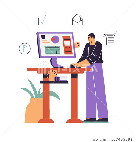Manager or businessman looking at computer, writing notes, doing tasks, analyzes chart, vector efficiency multitasking Manager or businessman looking at computer, writing notes, doing tasks, analyzes chart, vector efficiency multitasking 107465392