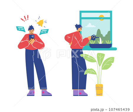 Person is taking care of flowers another is addicted to phone, FOMO fear of missing out, JOMO joy of missing out vector 107465439