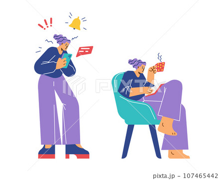 Stressed woman with phone and relaxed with book, flat vector illustration isolated on white background. 107465442