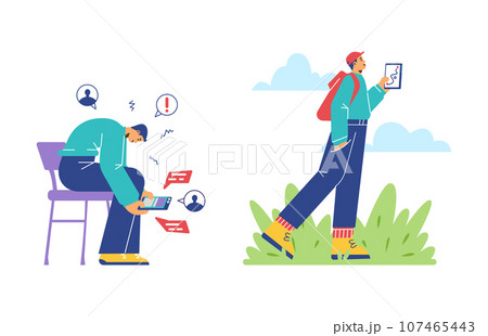 Set of young men with FOMO syndrome flat style, vector illustration 107465443