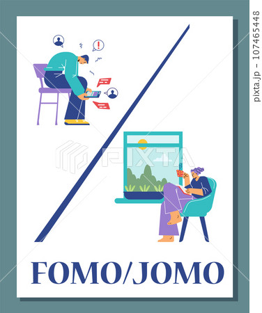 Poster or vertical banner about FOMO and JOMO syndrome flat style 107465448