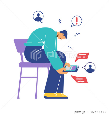 Man hunched sitting on a chair in phone, FOMO fear of missing out vector illustration, psychological addiction syndrome 107465459