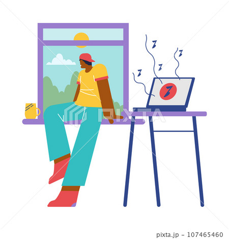 Happy man sitting by the window and listening to music, flat vector illustration isolated on white background. Happy man sitting by the window and listening to music, flat vector illustration isolated on white background. 107465460