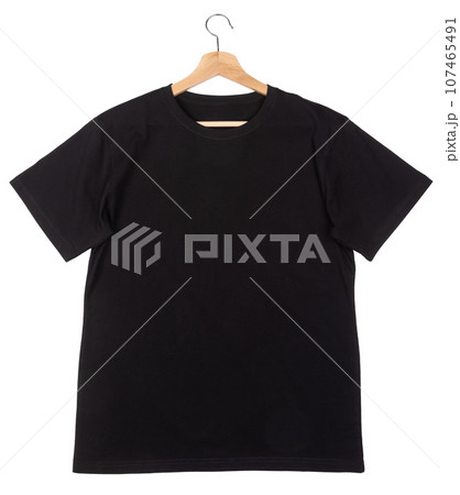 Plain black tshirt with hanger lay on white background Plain black tshirt with hanger lay on white background 107465491