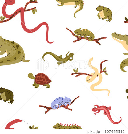 Seamless pattern with cute different reptiles flat style, vector illustration Seamless pattern with cute different reptiles flat style, vector illustration 107465512