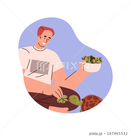 Relaxed young man feeding turtle leaves flat style, vector illustration Relaxed young man feeding turtle leaves flat style, vector illustration 107465532