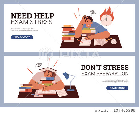 Hard exam preparation with books pile, burning hours, hurry studying with stress, vector design for landing page, flyers Hard exam preparation with books pile, burning hours, hurry studying with stress, vector design for landing page, flyers 107465599
