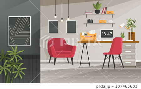 Home office interior. Vector illustration. Freelance and convenient job concept Business workspace in room interior Work from home, distant work, freelance, work online Designer architect workplace Home office interior. Vector illustration. Freelance and convenient job concept Business workspace in room interior Work from home, distant work, freelance, work online Designer architect workplace 107465603
