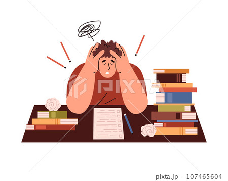 Exam stress preparation with textbook pile, panic male student hurry studying, vector deadline knowledge education Exam stress preparation with textbook pile, panic male student hurry studying, vector deadline knowledge education 107465604