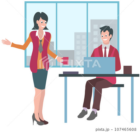 Office workers. Vector illustration. Teamwork essential for achieving shared goals and objectives A team meeting fosters collaboration and ideexchange among colleagues Office workers communicate Office workers. Vector illustration. Teamwork essential for achieving shared goals and objectives A team meeting fosters collaboration and ideexchange among colleagues Office workers communicate 107465608