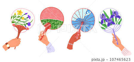 Chenese and Japanese hand fan. Vector illustration. A hand fan, modest tool singing cool melody A Japanese fan, kaleidoscope of culture A beauty geishfan, ode to eternal elegance A Chinese fan 107465623