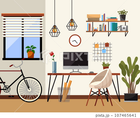Home office interior. Vector illustration. Modern loft interior of open space home office with furniture for corporate or freelance work Modern studio Living room modern interior, home or office, 107465641