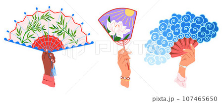 Chenese and Japanese hand fan. Vector illustration. A hand fan, artist sketching air with coolness A Japanese fan, tapestry of tales told in silence A beauty geishfan, celebration of timeless elegance 107465650