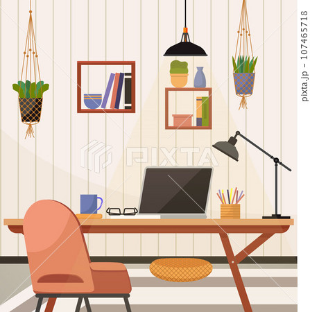 Home office. Interior vector illustration. Work from home. Furniture in office area for durability and practicality Working remotely allows for a flexible schedule and improved work-life balance Home office. Interior vector illustration. Work from home. Furniture in office area for durability and practicality Working remotely allows for a flexible schedule and improved work-life balance 107465718