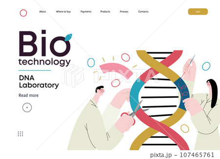 Bio Technology, DNA Laboratory -modern vector concept illustration of scientists dissecting DNA double helix, manipulating and rearranging fragments. Metaphor of advancements in agriculture, medicine Bio Technology, DNA Laboratory -modern vector concept illustration of scientists dissecting DNA double helix, manipulating and rearranging fragments. Metaphor of advancements in agriculture, medicine 107465761