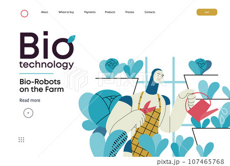 Bio Technology, Robot on farm -modern flat vector concept illustration of bio-robot engaged in agricultural activities. Metaphor of robotics and biotechnology integration, efficiency, sustainability 107465768