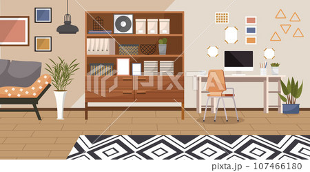 Home office. Interior vector illustration. Work from home. Flats interior design seamlessly integrates the home office Office space reflects a professional and functional environment Coming home after Home office. Interior vector illustration. Work from home. Flats interior design seamlessly integrates the home office Office space reflects a professional and functional environment Coming home after 107466180