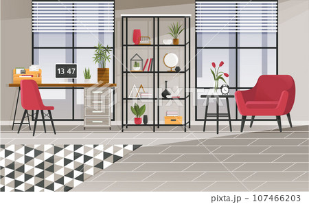 Home office interior. Vector illustration. Designer architect workplace office interior Online career Workspace Home office interior Stylish home or studio workplace of student Coworking space Home office interior. Vector illustration. Designer architect workplace office interior Online career Workspace Home office interior Stylish home or studio workplace of student Coworking space 107466203