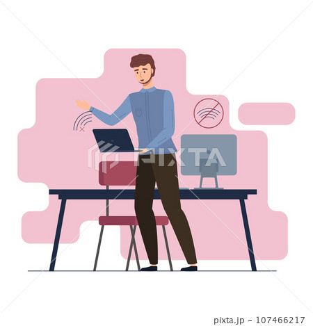 Lost wireless connection or disconnected cable, No wifi signal internet. Wireless connectivity disconnect, error connection wifi. Annoyed people and unpluged computer. Page not found on laptop screen Lost wireless connection or disconnected cable, No wifi signal internet. Wireless connectivity disconnect, error connection wifi. Annoyed people and unpluged computer. Page not found on laptop screen 107466217