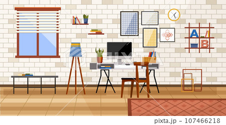 Home office. Interior vector illustration. Work from home. Furniture in office area selected for versatility and aesthetics Interior design of flat incorporates elements of tranquility and inspiration 107466218