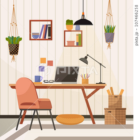 Home office. Interior vector illustration. Work from home. Freelance flexibility of working remotely New office has sleek and modern design Room layout optimizes natural light for pleasant working Home office. Interior vector illustration. Work from home. Freelance flexibility of working remotely New office has sleek and modern design Room layout optimizes natural light for pleasant working 107466258