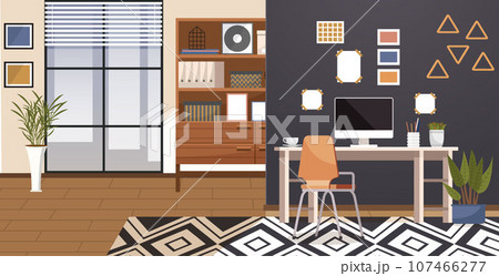 Home office. Interior vector illustration. Work from home. Furniture in workspace is ergonomically designed for comfort Interior design creates a visually appealing and inspiring atmosphere The office Home office. Interior vector illustration. Work from home. Furniture in workspace is ergonomically designed for comfort Interior design creates a visually appealing and inspiring atmosphere The office 107466277
