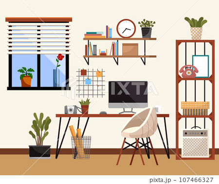 Home office cabinet, living room interior concept. Creative coworking center, student desk near window, modern workplace for worker, employee with table, computer, book shelf and decor elements 107466327