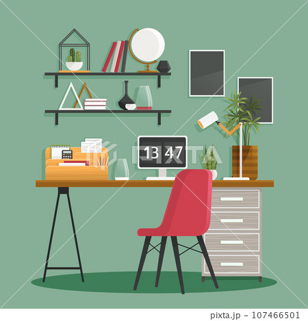 Home office interior. Vector illustration. Working at home, coworking space Working at home office Creative office desktop workspace Empty workplace, Desk chair computer workspace office No people Home office interior. Vector illustration. Working at home, coworking space Working at home office Creative office desktop workspace Empty workplace, Desk chair computer workspace office No people 107466501