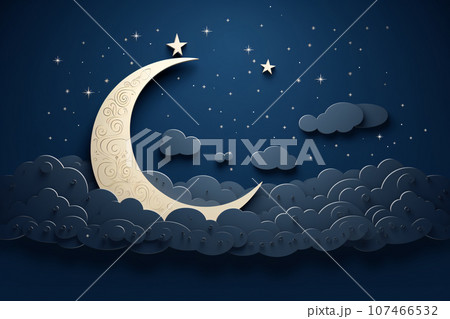 Night Sky with Crescent Moon, Clouds, and Stars Papercut Illustration 107466532
