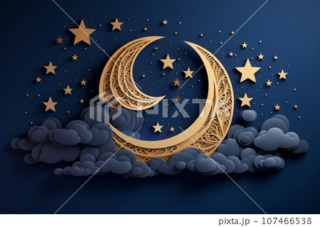 Night Sky with Crescent Moon, Clouds, and Stars Papercut Illustration 107466538
